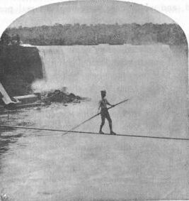 Man on high wire crossing Niagara Falls